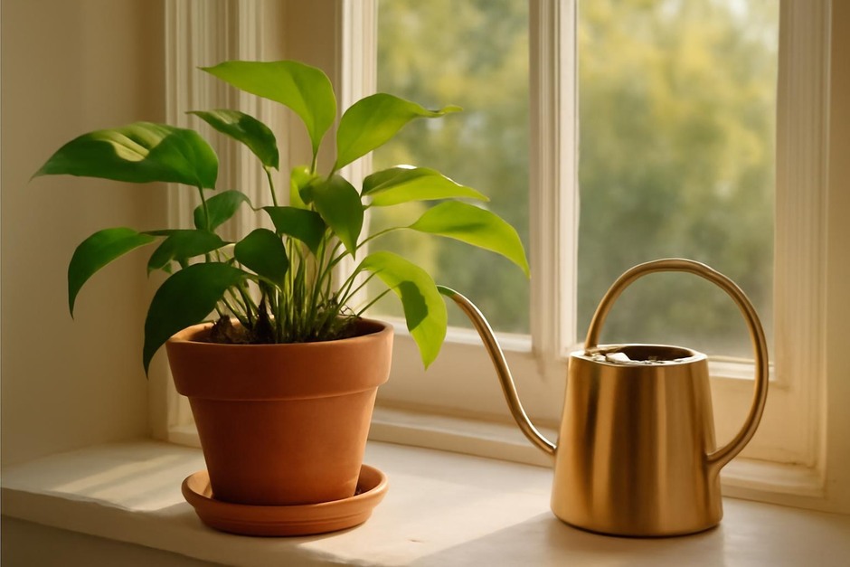 Sunlit houseplant on a windowsill with a watering can