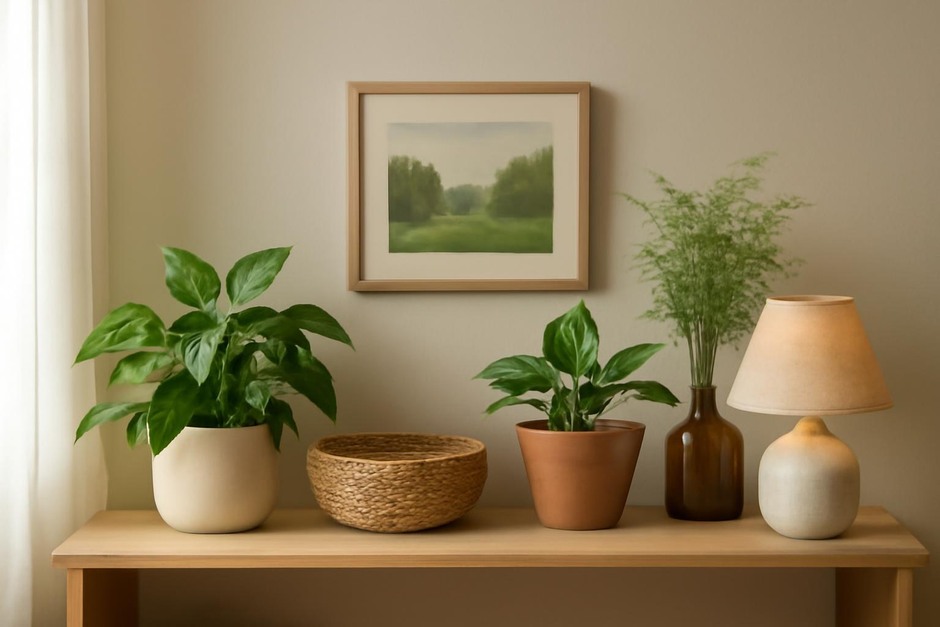 A calm indoor shelf with plants, a small lamp, and natural textures