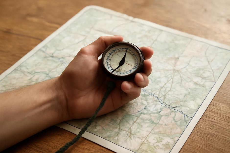Hand holding a compass over a paper map on a wooden table